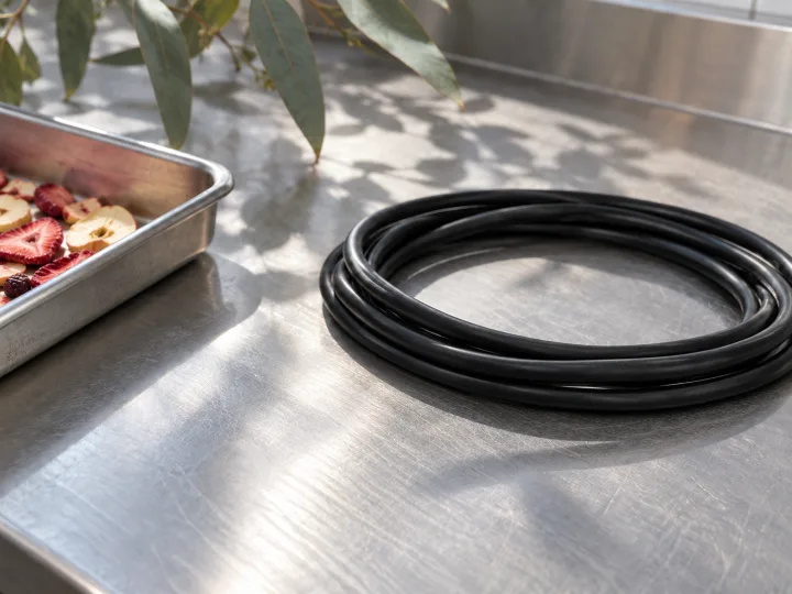 AI-generated still life of a cable coil on a steel bench